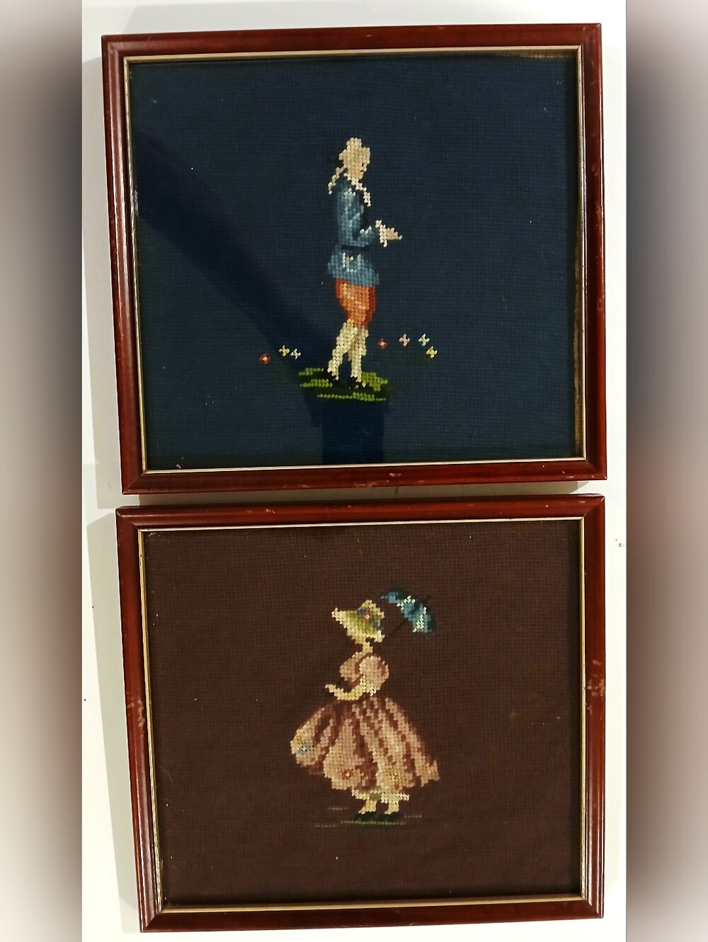 Framed Needlepoint Pair - Male & Female Figures in Navy and Burgundy